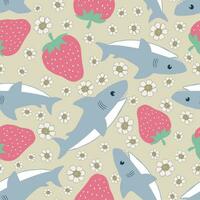 Shark strawberry and flower childish seamless pattern vector