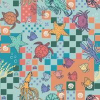 Underwater animal starfish squid crab lobster on checkerboard background seamless pattern vector