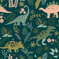 Hand drawn Dinosaurs, leaves and flower seamless pattern for fabric,wallpaper,surface,wrapping paper vector