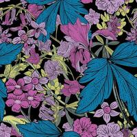 Tropical jungle flower and leaves toile in retro acid bright color seamless pattern vector