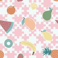 Colorful hand drawn fruits doodle on puzzle pattern background vector