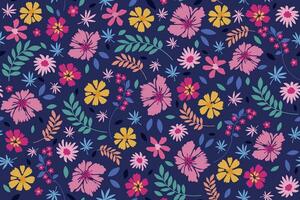 Retro seamless pattern with hand drawn colorful flower and leaves vector