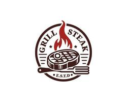 hot steak grill logo design. spatula with meat fire flame. restaurant logo vector