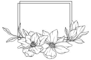 Magnolia Line Drawing. Black and white Floral Frames. Floral Line Art. Fine Line Magnolia illustration. Hand Drawn Outline flowers. Botanical Coloring Page. Wedding invitation flowers vector