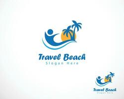 viaje playa logo creativo personas ola nadando playa diseño resumen vector