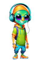 AI generated Cartoon green alien with headphones and sunglasses isolated on transparent background illustration png