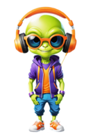 ai generiert Karikatur Grün Außerirdischer mit Kopfhörer und Sonnenbrille isoliert auf transparent Hintergrund Illustration png