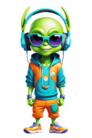 AI generated Cartoon green alien with headphones and sunglasses isolated on transparent background illustration png