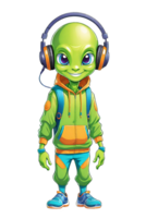 AI generated Cartoon green alien with headphones  isolated on transparent background illustration png