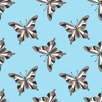 verano modelo con mariposas en un azul fondo, mano dibujado contorno vector