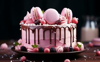 AI generated A colorful birthday pink cake and very delicious to eat photo