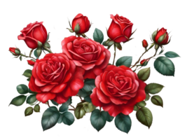 ai généré rouge Rose fleurs avec vert feuilles floral arrangement, bouquet bourgeons et feuilles dans floral ligne à décoration png