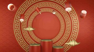 3D red background chinese new year with minimalist podium, suitable for product promotion video