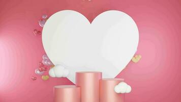 Valentinstag Tag Verkauf Luxus Whiteboard Herz und Geschenk Box Rosa Hintergrund 3d Illustration mit drei Podium zum Ihre Produkt Beförderung video