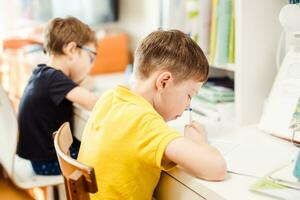 2 boys sit and write in notebooks at the table, at home. Two brothers do their homework. Homeschooling two boys photo