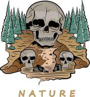 cráneo relajante en el suelo, ilustración de un cráneo en el bosque, ilustración de un cráneo para camiseta diseño vector