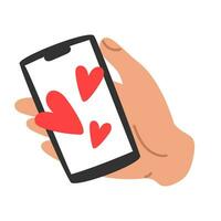 In hands of the phone to which the hearts come. Isolated vector illustration for Valentine's Day. Hearts are flying out of the phone Declaration of love Manifestations of feelings of love on the phone