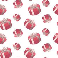 Seamless pattern of pink round gift box with bow. A gift for a party, celebration, special event such as birthday, Christmas, Valentine's day. Modern vector illustration in isometric style. on white