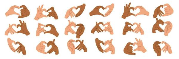 Large collection with the heart sign I love you. A set of Valentine's day images and expressions of love, a gesture of love, heart shapes with both hands. Variety of hands. Halves with different hands vector