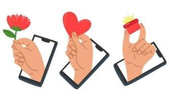 A set of hands from the phone screen holds out a box with a bow, a heart, a flower. Gift delivery, online ordering, shopping, mobile app concept. A vector illustration drawn by hand. Valentine's Day