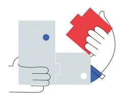 Hand holding a piece of paper with a red puzzle, vector illustration