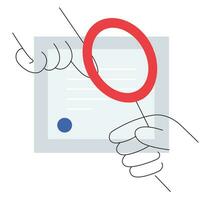 Hand holding a paper document with a red circle. Vector illustration.