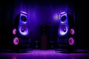 AI generated Pulsating Loudspeakers purple light. Generate Ai photo