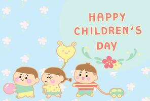 Tres niños jugar y contento ,ilustración para para niños día dibujos animados estilo. vector