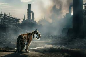 AI generated Tiger on industrial factory area. Generate ai photo