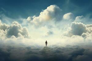 AI generated Man walk over clouds. Generate Ai photo