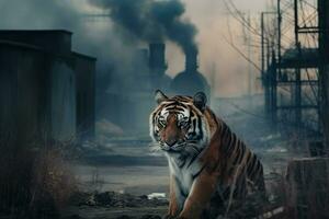 ai generado Tigre en industrial fábrica territorio. generar ai foto