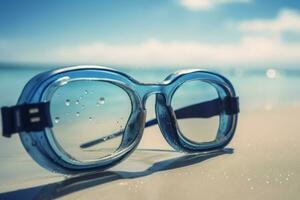 AI generated Swimming goggles on sea sand. Generate ai photo