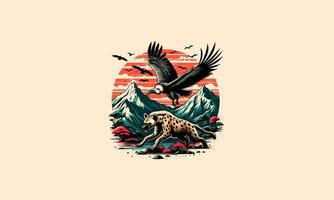 flying vulture and hyena on mountain vector artwork design