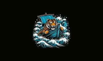 tiger riding ship on sea vector artwork design