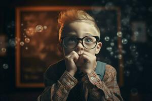 AI generated Young curious boy with eyeglasses posing near chalkboard. Generate ai photo