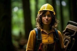 ai generado elástico registrador mujer bosque. generar ai foto