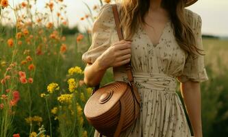 AI generated Summer stroll Close up of young woman with rattan bag photo