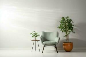 ai generado elegancia en sencillez silla, lámpara, verde planta en blanco fondo foto