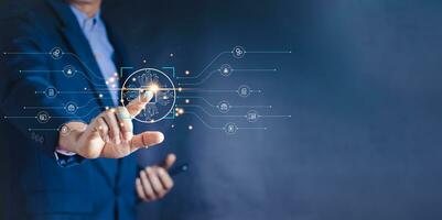 Ai technology, Artificial Intelligence. man using technology smart robot AI, artificial intelligence by enter command prompt for generates something, Futuristic technology transformation. Chat with AI photo