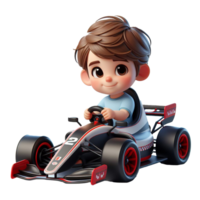 AI generated Beautiful 3d cartoon boy riding a racing car. Children's sports car in transparent png