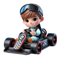 AI generated Beautiful 3d cartoon boy riding a racing car. Children's sports car in transparent png