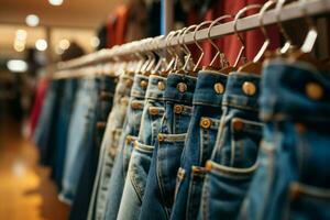 AI generated Clothing store elegance Denim jeans on hangers in retail display photo