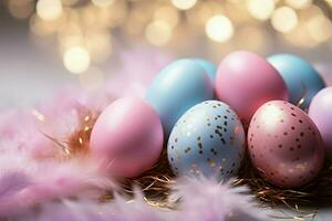 ai generado pastel perfección Pascua de Resurrección antecedentes con huevos, plumas, y Brillantina foto