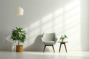 ai generado minimalista interior silla, lámpara, verde planta en contra blanco fondo foto