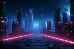 AI generated Glowing 3D scene Cyberpunk night cityscape, epitome of future aesthetics photo