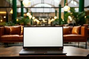 AI generated Hotel reception mockup Laptop in lounge area, blank copyspace screen photo