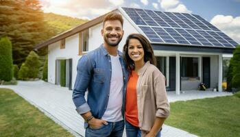 AI generated A happy couple stands smiling in the driveway of a large house with solar panels installed. photo