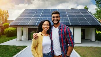 ai generado un contento Pareja soportes sonriente en el entrada de coches de un grande casa con solar paneles instalado foto