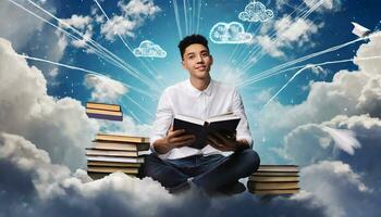 AI generated a young guy among books and clouds, the world of dreams, reading literature. photo