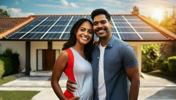 ai generado un contento Pareja soportes sonriente en el entrada de coches de un grande casa con solar paneles instalado foto